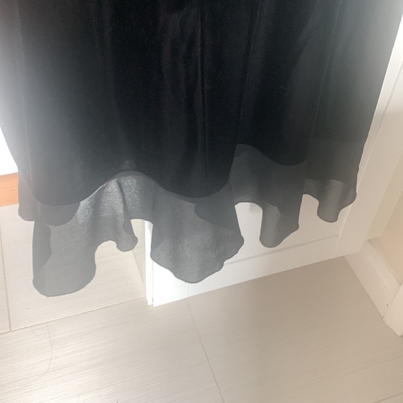 Fun black midi length dress velour with chiffon accent ruffles on slit & bottom - Picture 5 of 5